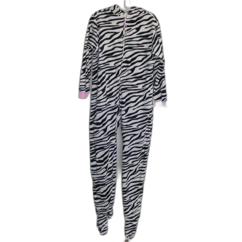PJ COUTURE Zebra Union Suit, M, One Piece, Hoodie, Footies, Black/White, Zipper